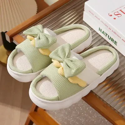 winter Bow Linen Slippers for Women